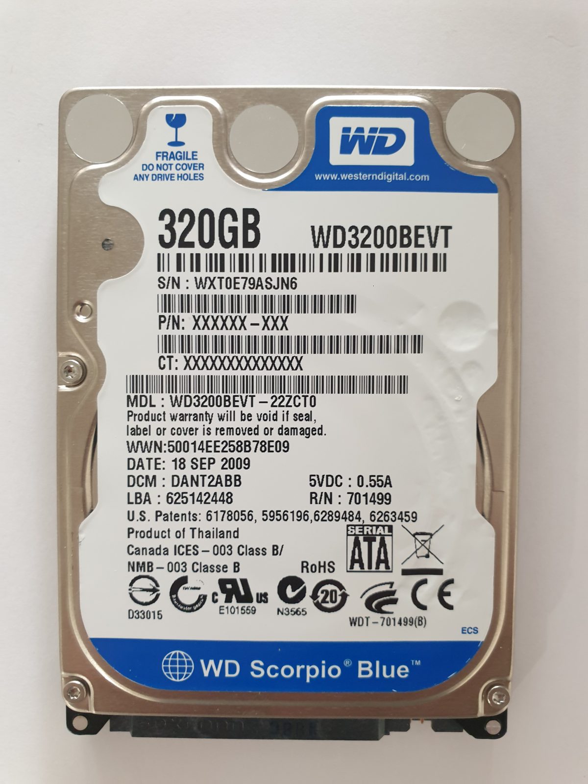 WD3200BEVT-22ZCT0, DCM: DANT2ABB, 18 SEP 2009 | WD 320Go 2,5" SATA HDD STK
