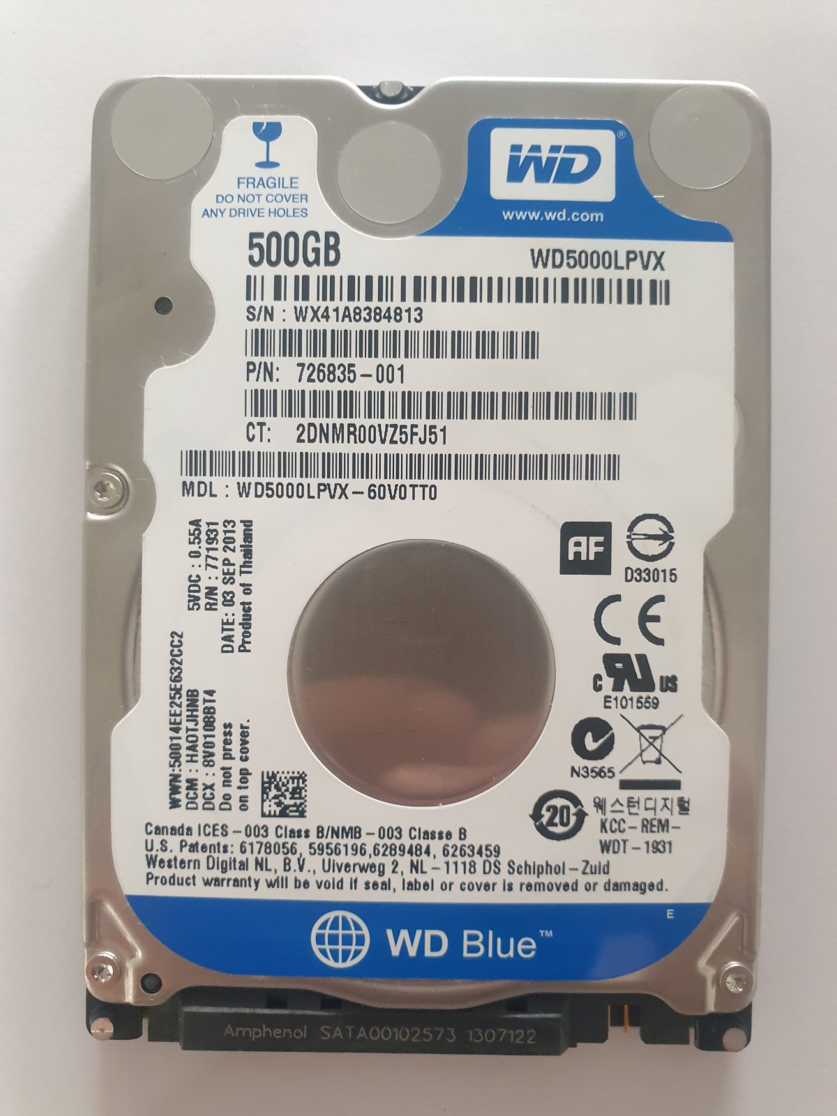 WD5000LPVX-60V0TT0, DCM: HAOTJHNB, 03 SEP 2013 | WD 500Go 2,5" SATA HDD STK