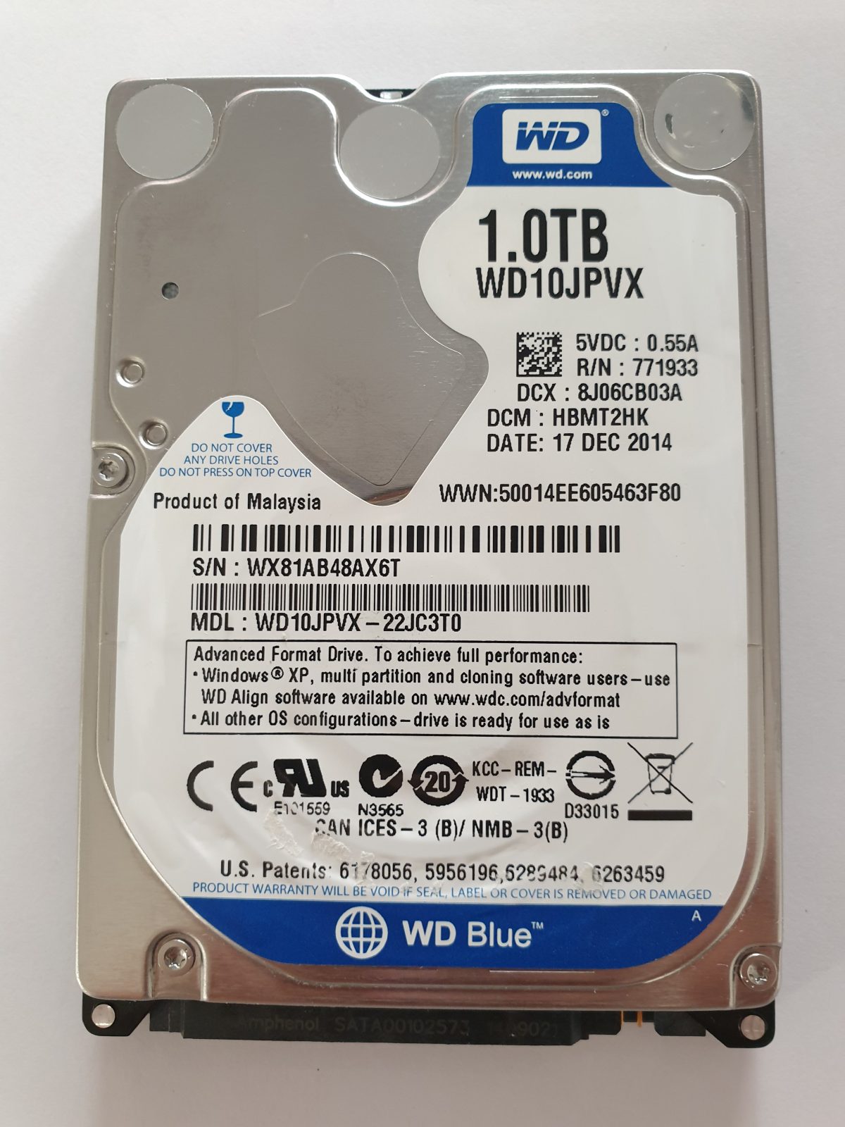 WD10JPVX-22JC3T0, DCM: HBMT2HK, 17 DEC 2014 | WD 1To 2,5" SATA HDD STK