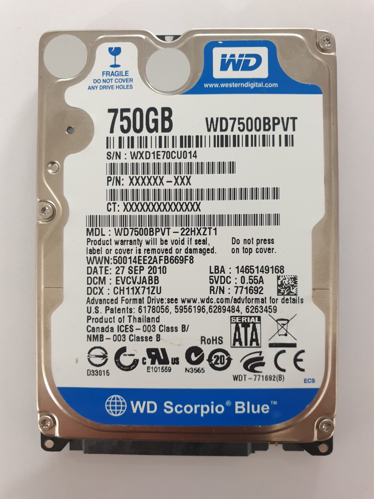 WD7500BPVT-22HXZT1, DCM: EVCVJABB, 27 SEP 2010 | WD 750Go 2,5" SATA HDD STK
