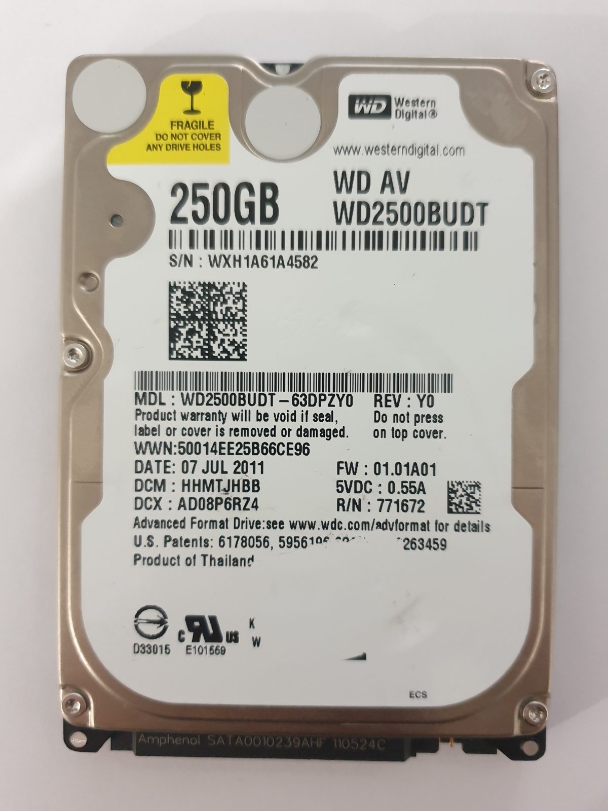 WD2500BUDT-63DPZY0, DCM: HHMTJHBB, 07 JUL 2011 | WD 250Go 2,5" SATA HDD STK