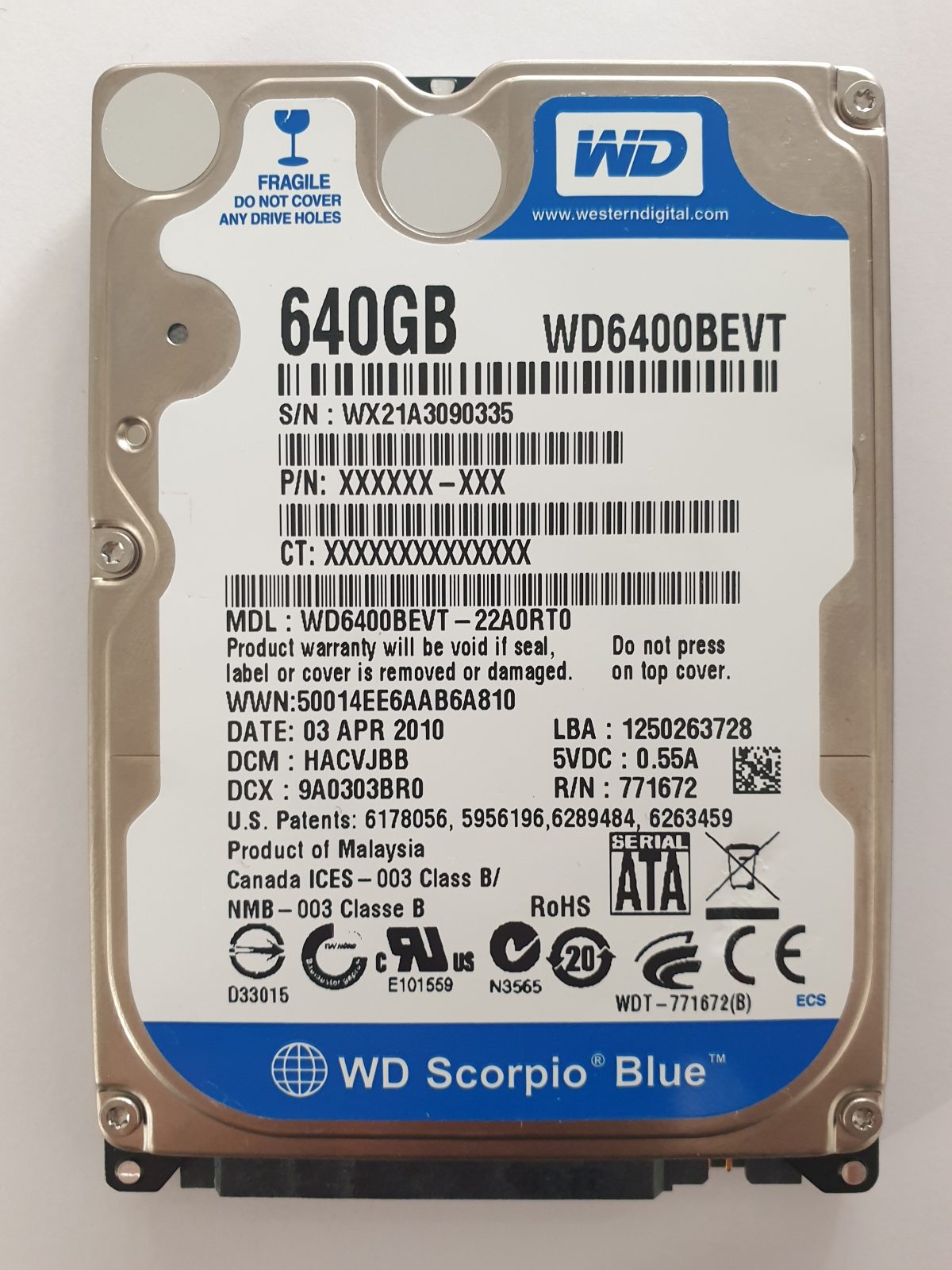 WD6400BEVT-22A0RT0, DCM: HACVJBB, 03 APR 2010 | WD 640Go 2,5" SATA HDD STK