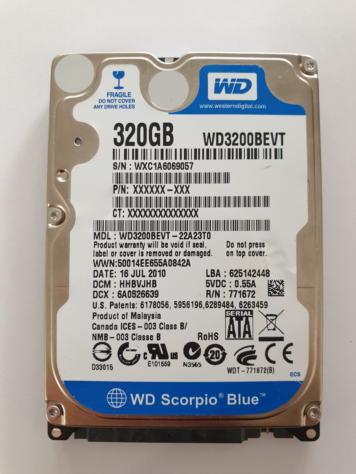 WD3200BEVT-22A23T0, DCM: HHBVJHB, 16 JUL 2010 | WD 320Go 2,5" SATA HDD STK