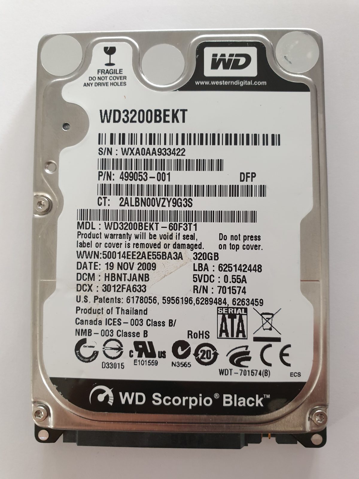 WD3200BEKT-60F3T1, DCM: HBNTJANB, 19 NOV 2009 | WD 320Go 2,5" SATA HDD STK