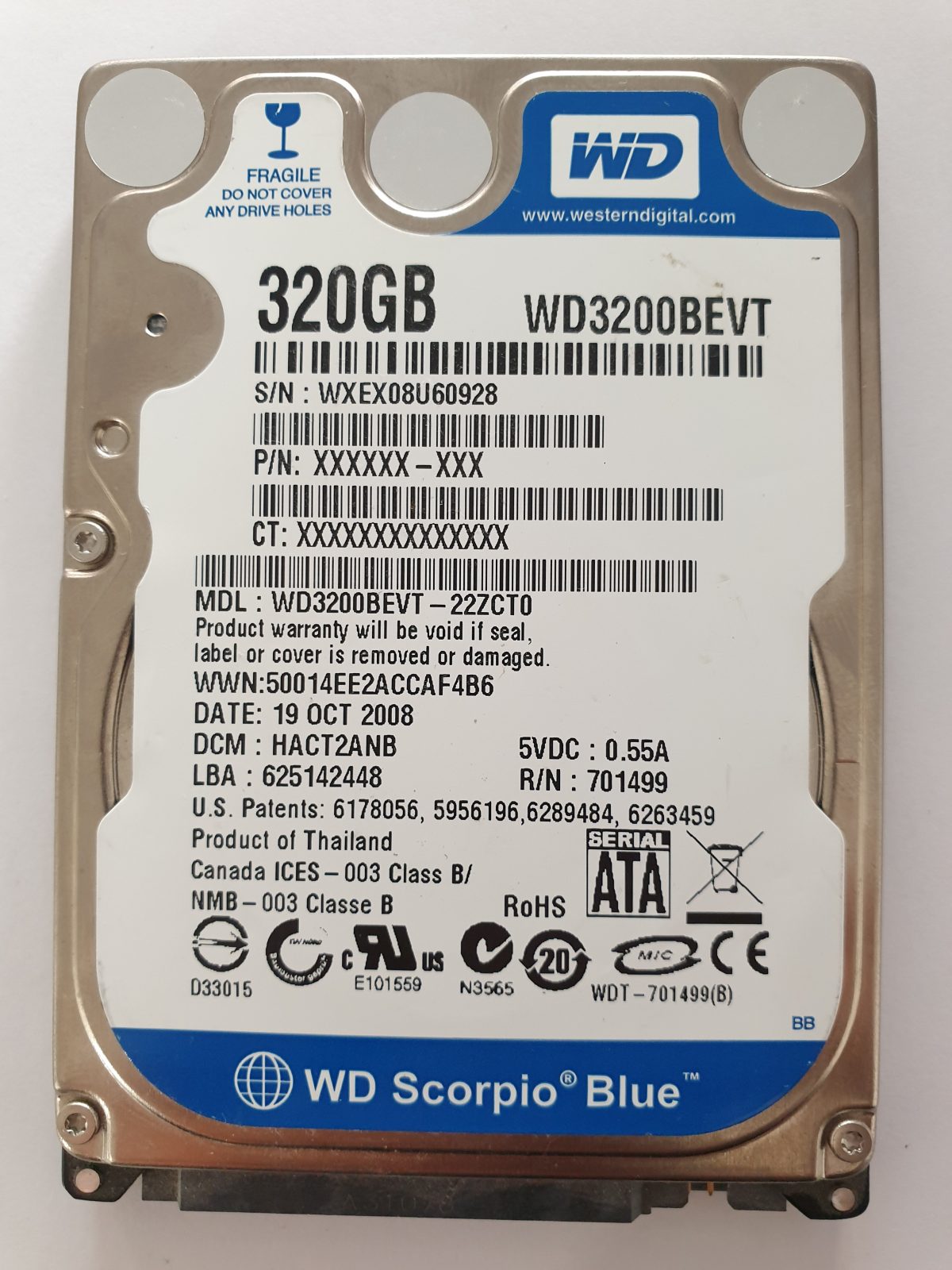 WD3200BEVT-22ZCT0, DCM: HACT2ANB, 19 OCT 2008 | WD 320Go 2,5" SATA HDD STK