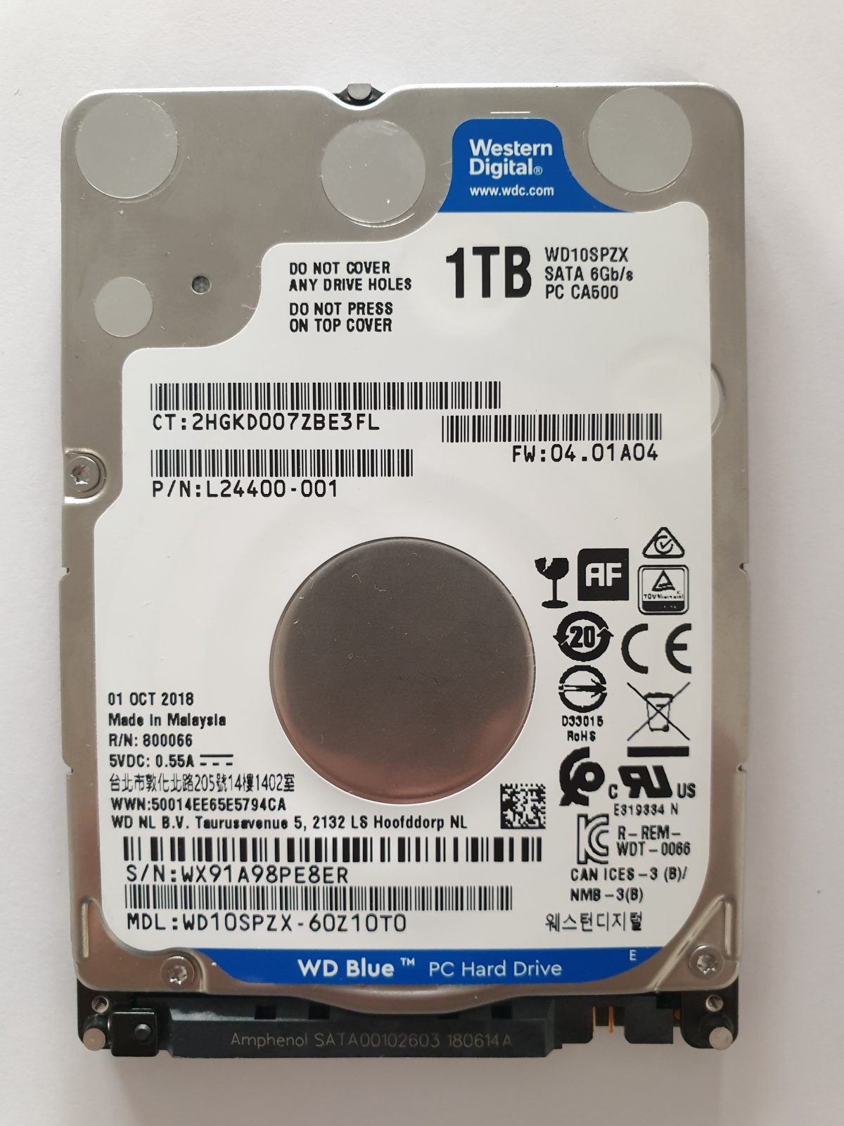 WD10SPZX-60Z10T0, DCM: -, 01 OCT 2018 | WD 1To 2,5" SATA HDD STK
