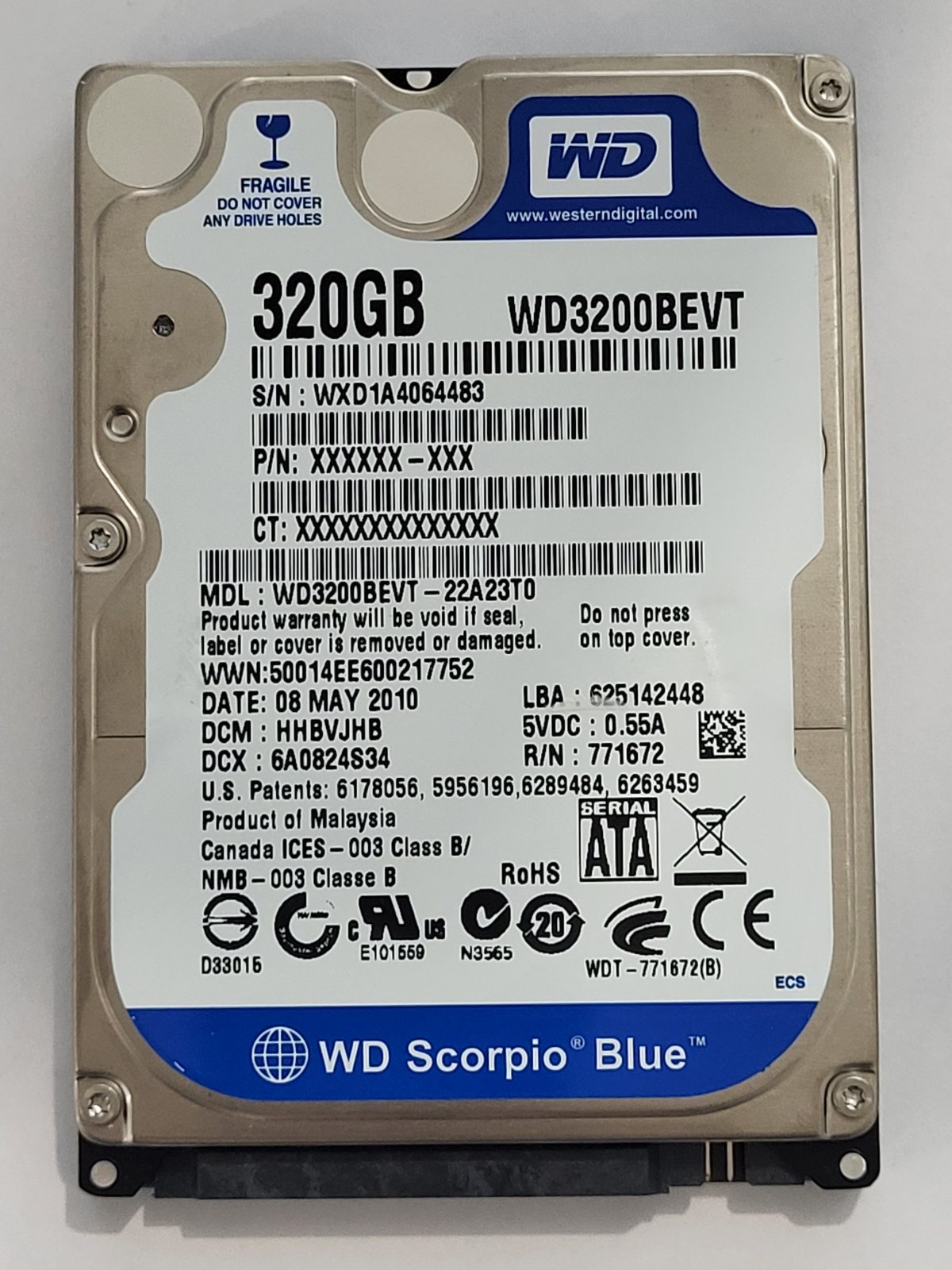 WD3200BEVT-22A23T0, DCM: HHBVJHB, 08 MAY 2010 | WD 320Go 2,5" SATA HDD STK