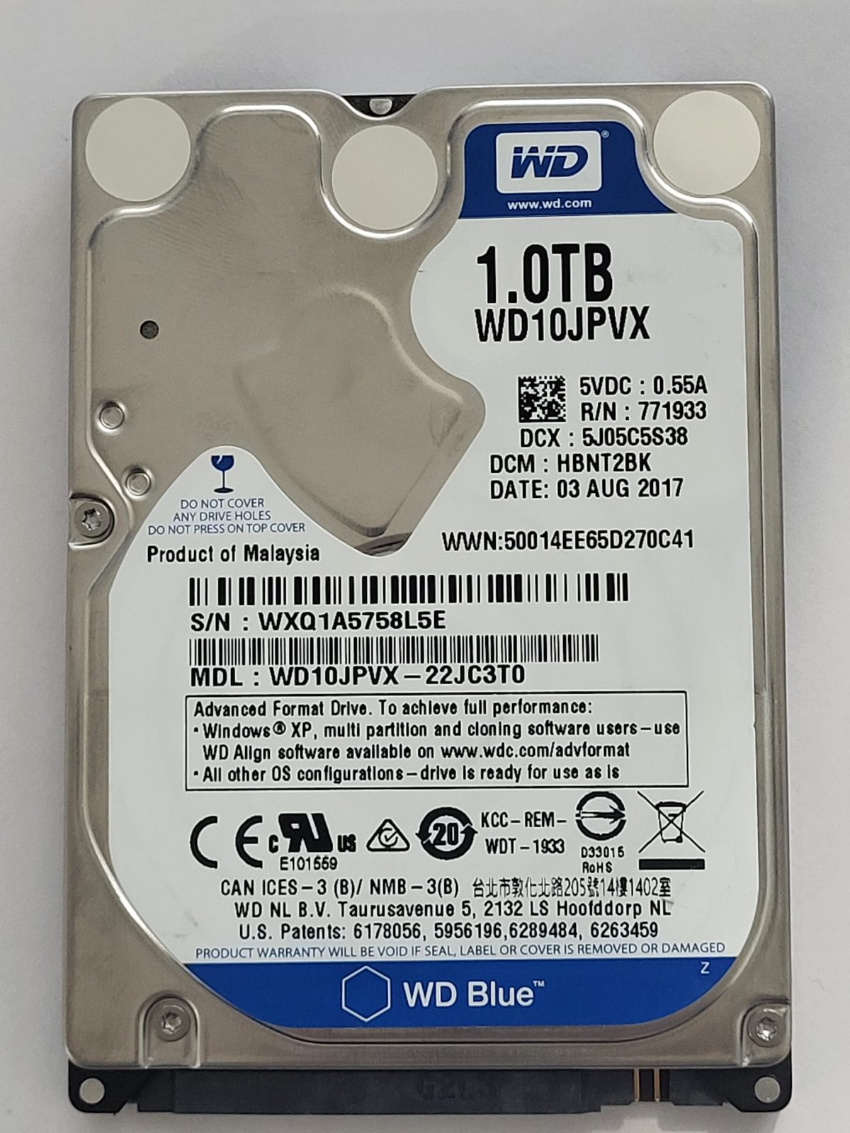 WD10JPVX-22JC3T0, DCM: HBNT2BK, 03 AUG 2017 | WD 1To 2,5" SATA HDD STK