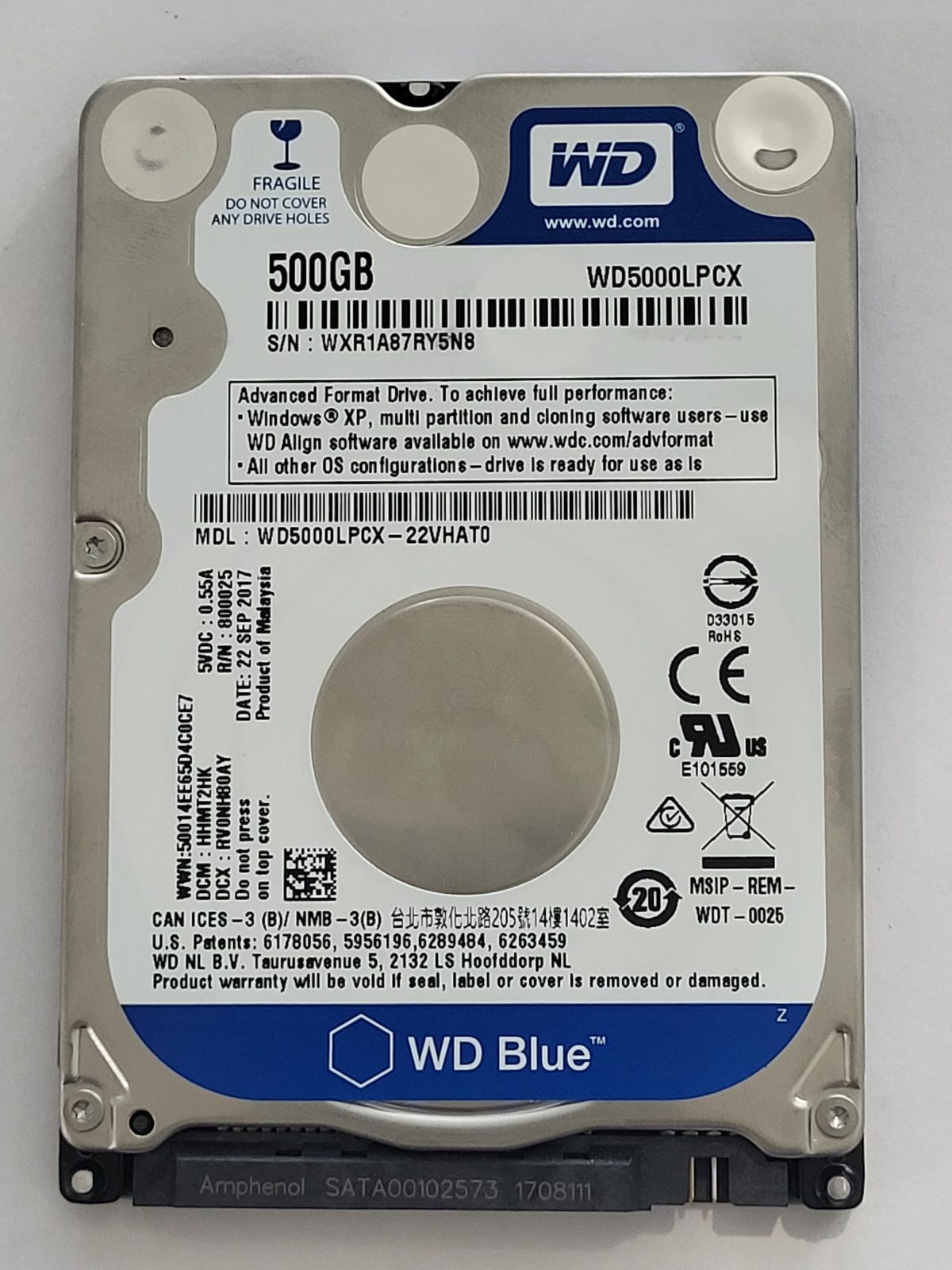 WD5000LPCX-22VHAT0, DCM: HHMT2HK, 22 SEP 2017 | WD 500Go 2,5" SATA HDD STK