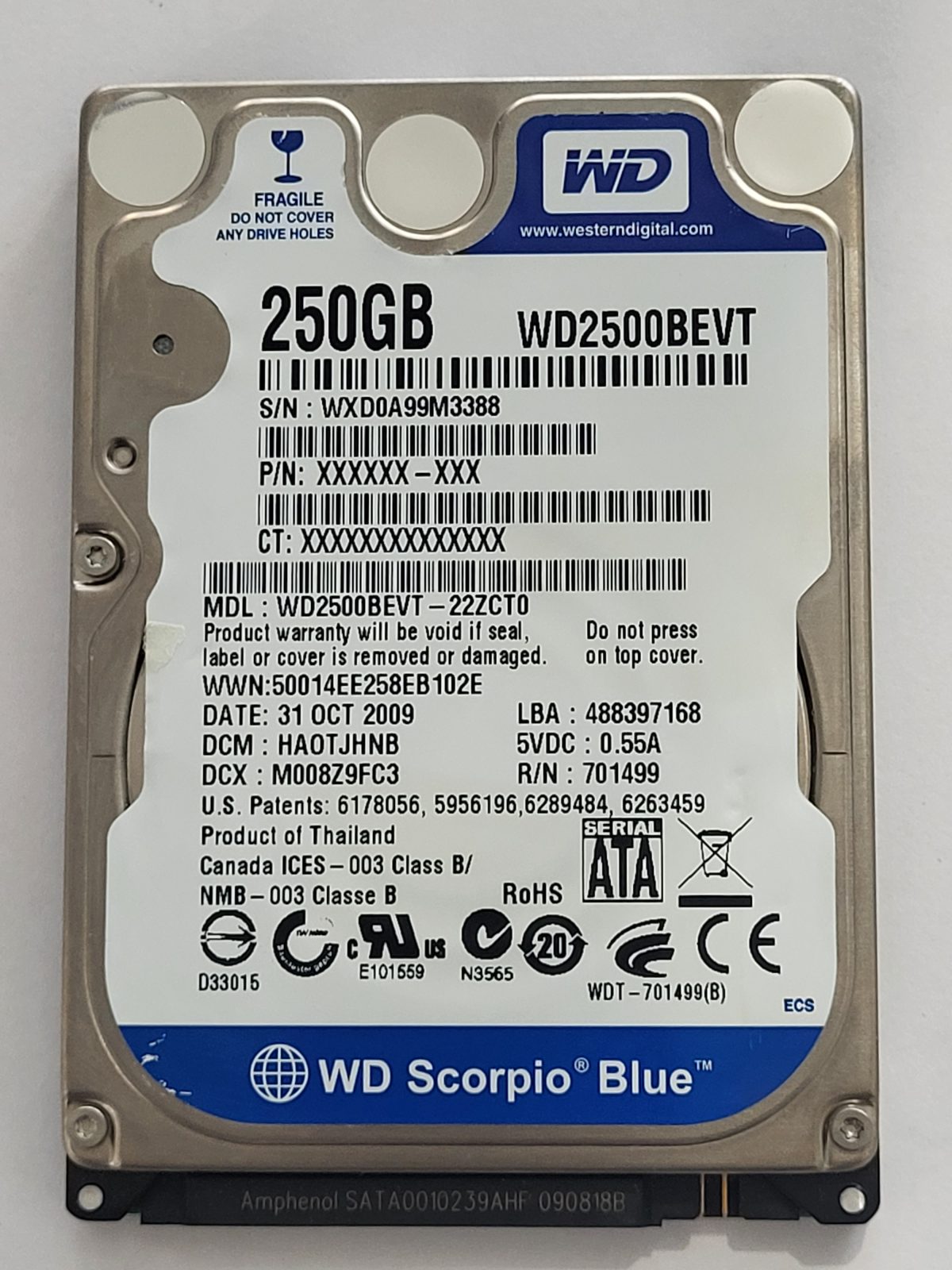 WD2500BEVT-22ZCT0, DCM: HA0TJHNB, 31 OCT 2009 | WD 250Go 2,5" SATA HDD STK