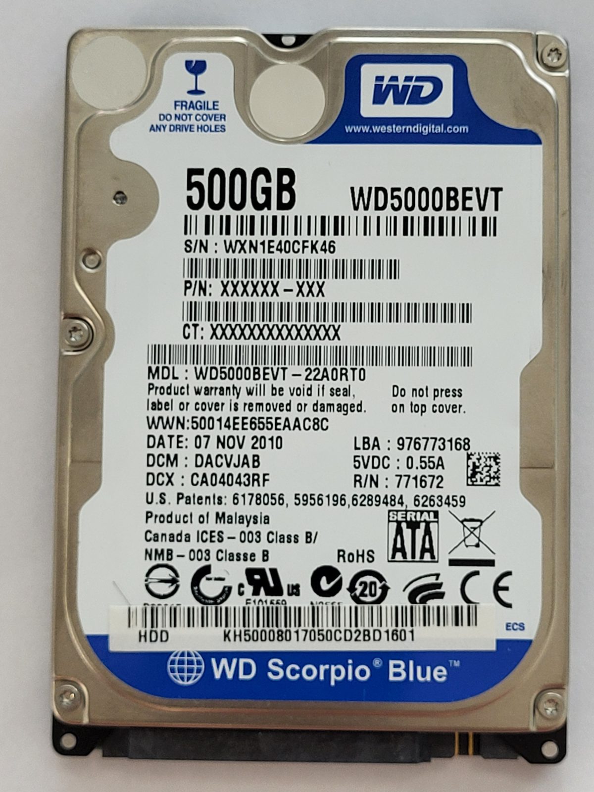 WD5000BEVT-220RT0, DCM: DACVJAB, 07 NOV 2010 | WD 500Go 2,5" SATA HDD STK