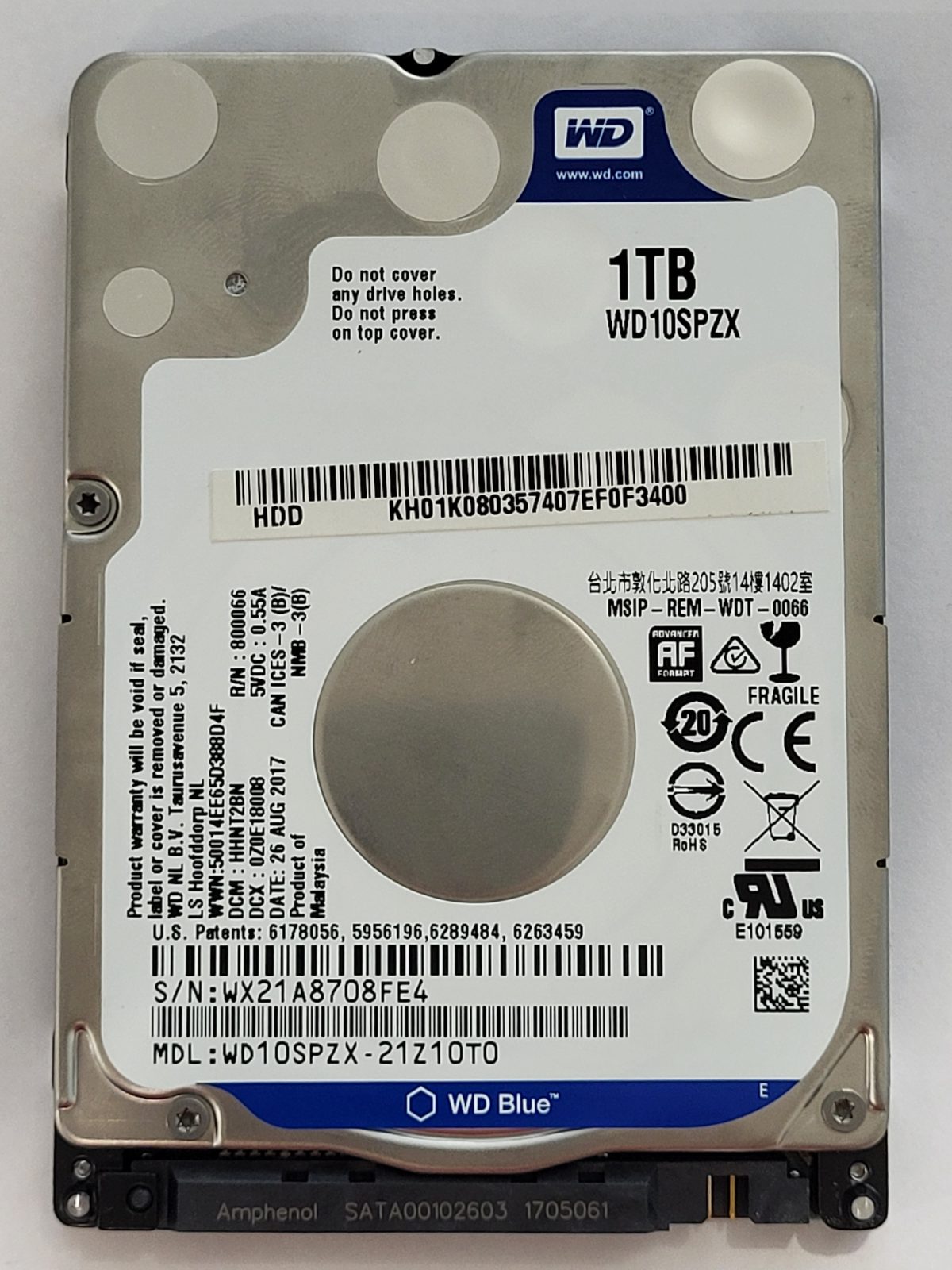 WD10SPZX-21Z10T0, DCM: HHNT2BN, 26 AUG 2017 | WD 1To 2,5" SATA HDD STK