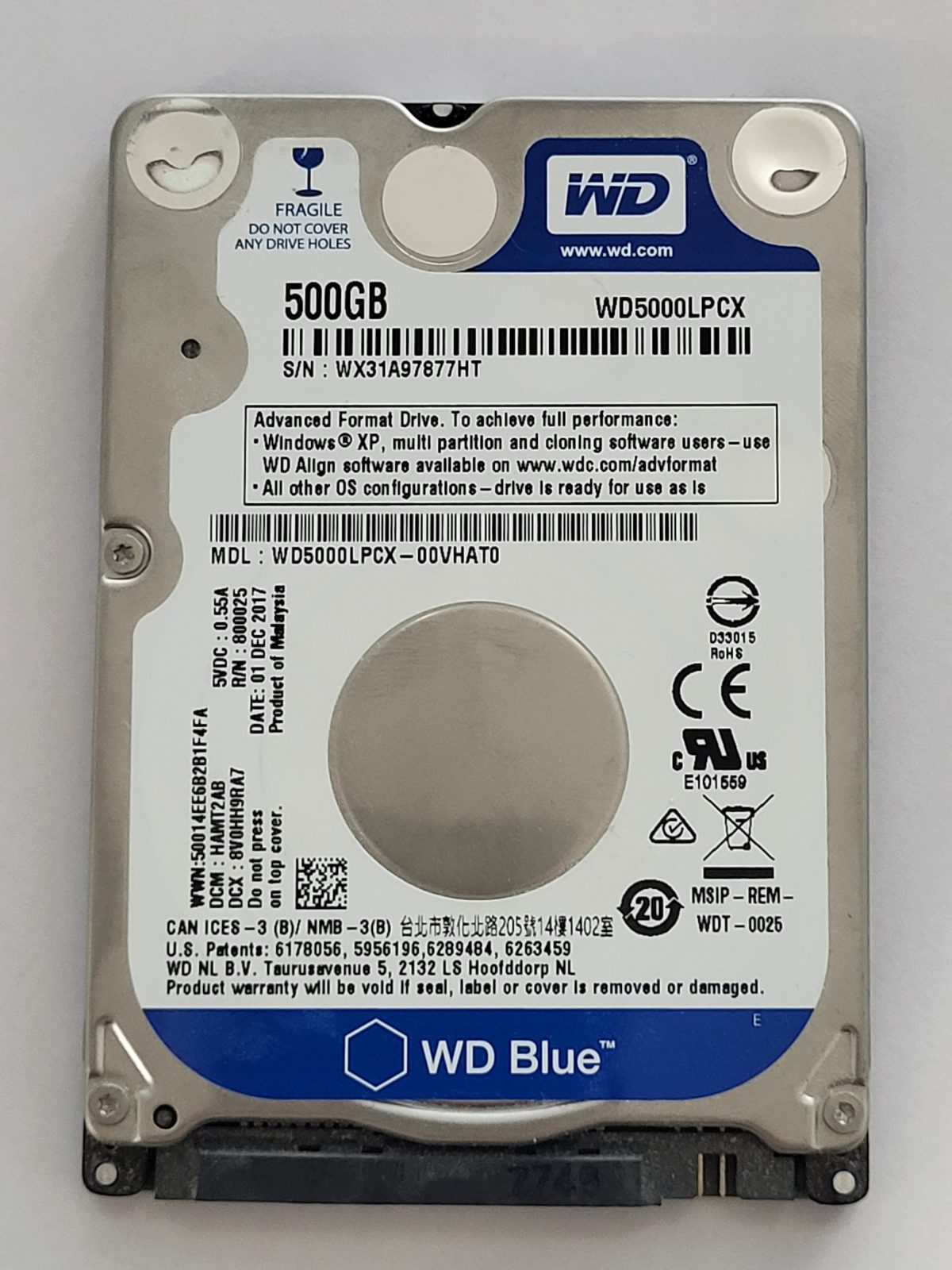 WD5000LPCX-00VHAT0, DCM: HAMT2AB, 01 DEC 2017 | WD 500Go 2,5" SATA HDD STK
