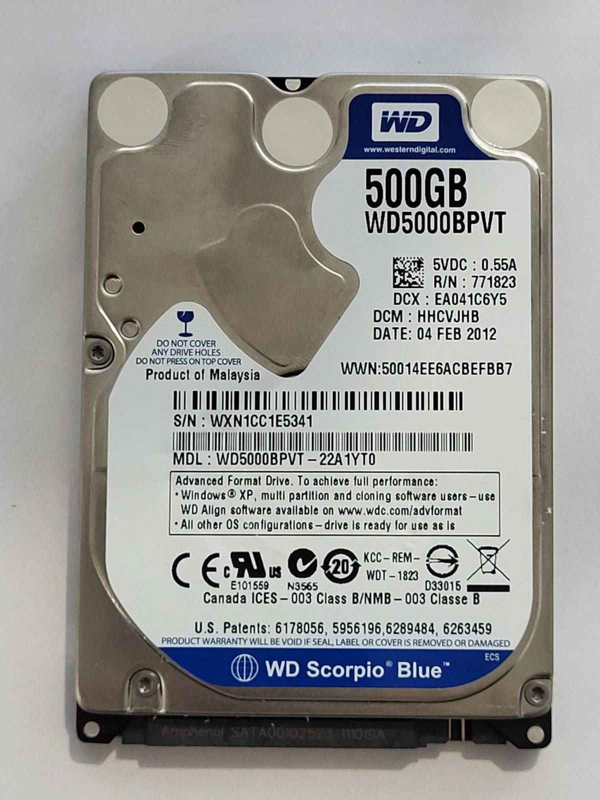 WD5000BPVT-22A1YT0, DCM: HHCVJHB, 04 FEB 2012 | WD 500Go 2,5" SATA HDD STK