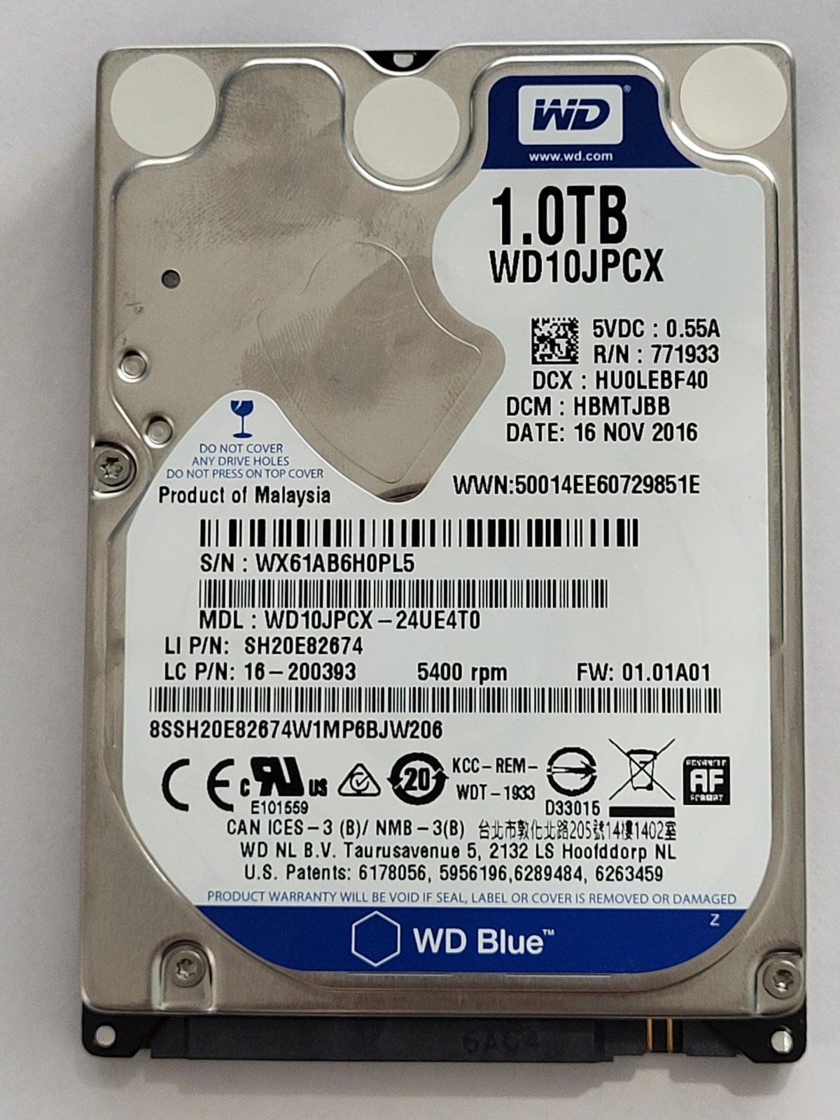 WD10JPCX-24UE4T0, DCM: HU0LEBF40, 16 NOV 2016 | WD 1To 2,5" SATA HDD STK