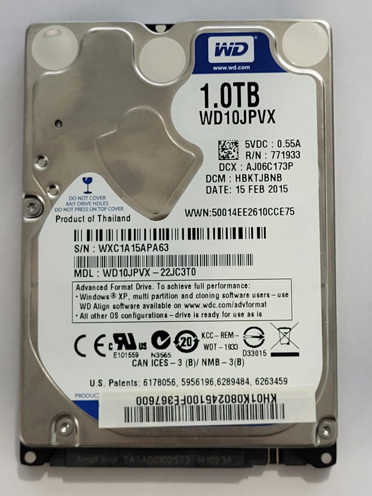 WD10JPVX-22JC3T0, DCM: HBKTJBNB, 15 FEB 2015 | WD 1To 2,5" SATA HDD STK