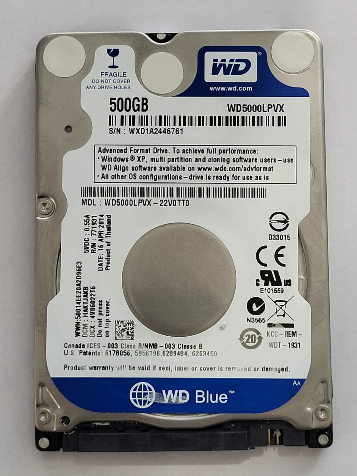 WD5000LPVX-22V0TT0, DCM: HAKTJAKB, 16 APR 2014 | WD 500Go 2,5" SATA HDD STK
