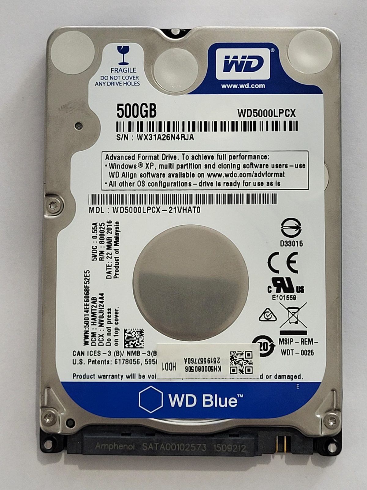 WD5000LPCX-21VHAT0, DCM: HAMT2AB, 22 MAR 2016 | WD 500Go 2,5" SATA HDD STK