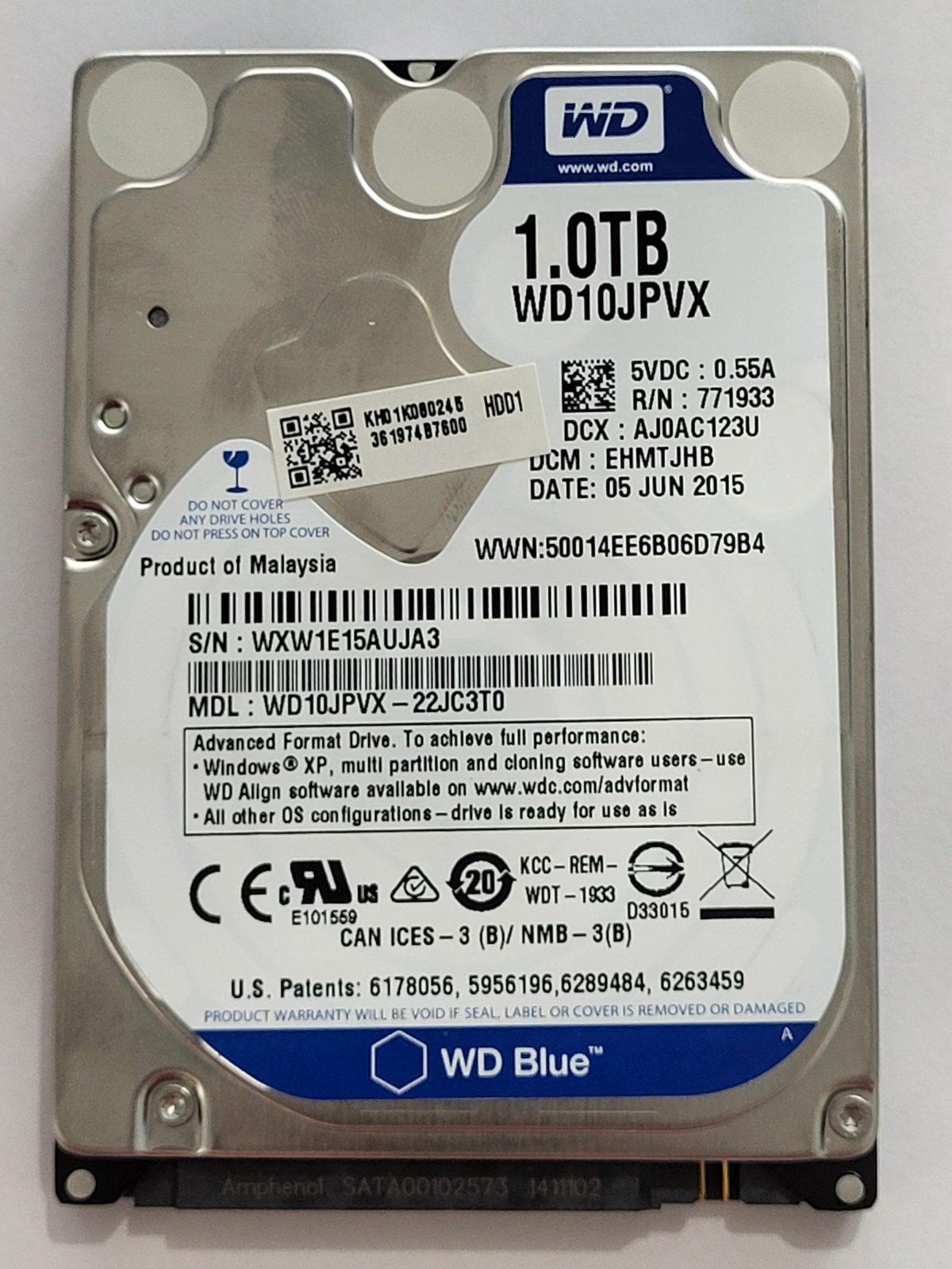WD10JPVX-22JC3T0, DCM: EHMTJHB, 05 JUN 2015 | WD 1To 2,5" SATA HDD STK