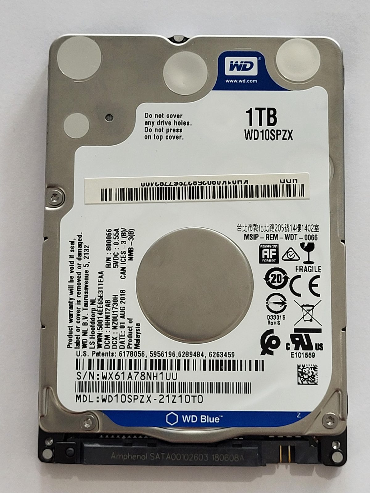 WD10SPZX-21Z10T0, DCM: HHNT2AB, 01 AUG 2018 | WD 1To 2,5" SATA HDD STK