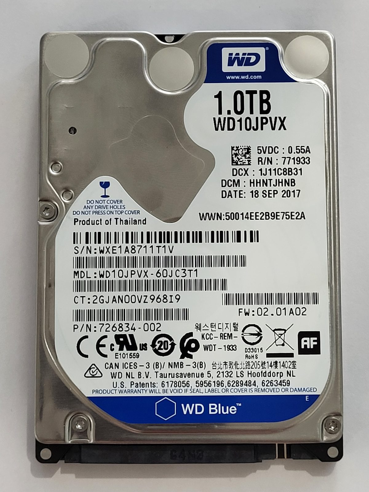 WD10JPVX-60JC3T1, DCM: HHNTJHNB, 18 SEP 2017 | WD 1To 2,5" SATA HDD STK