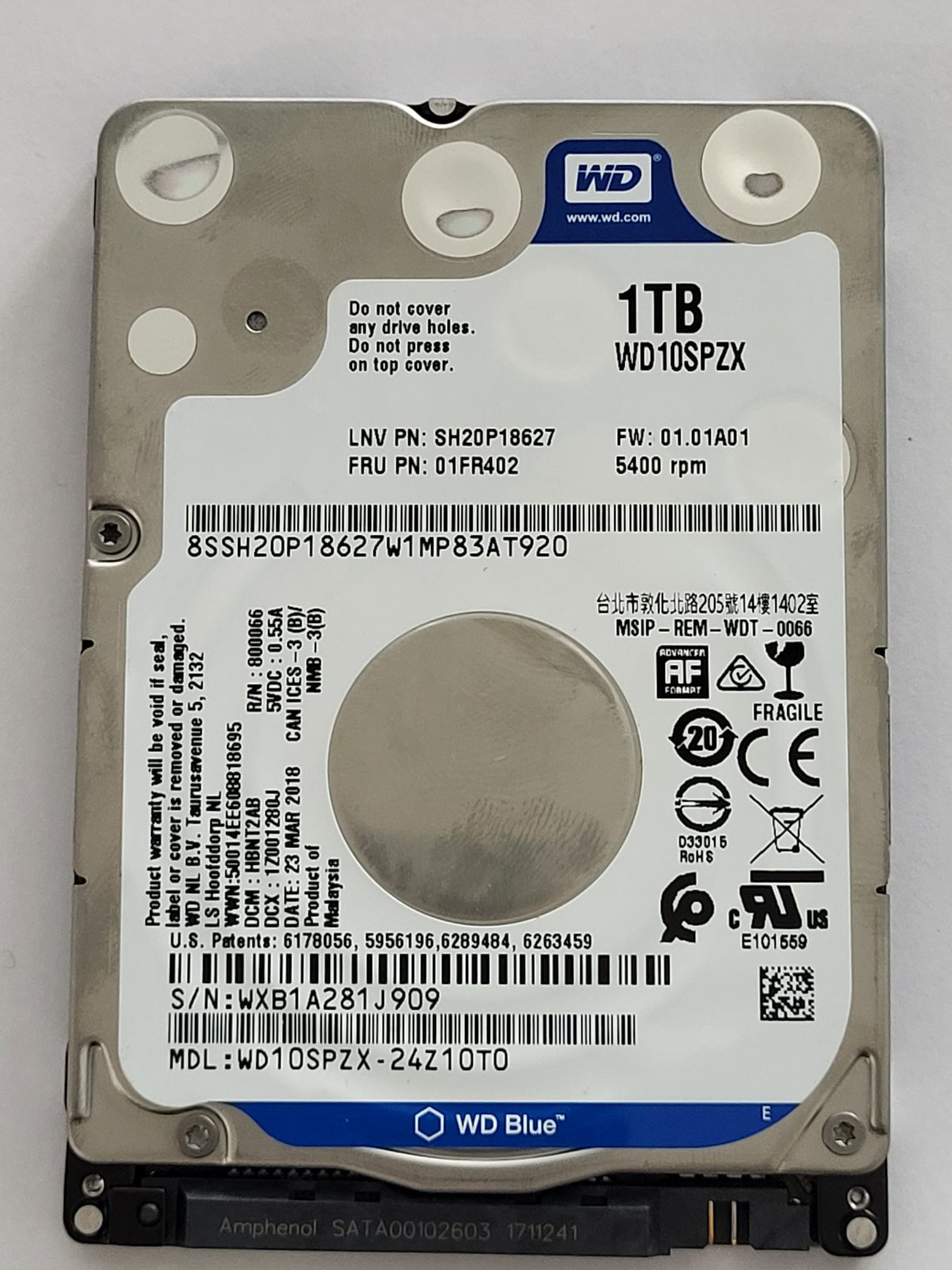 WD10SPZX-24Z10T0, DCM: HBNT2AB, 23 MAR 2018 | WD 1To 2,5" SATA HDD STK