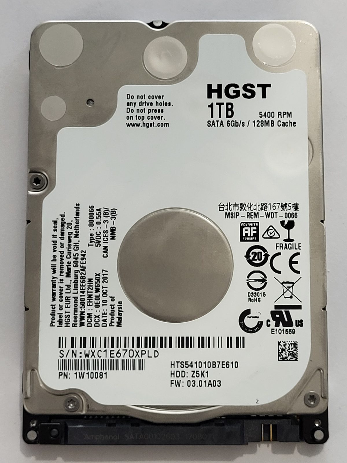 HTS541010B7E610, 10 OCT 2017 | HGST 1To 2,5" SATA HDD STK