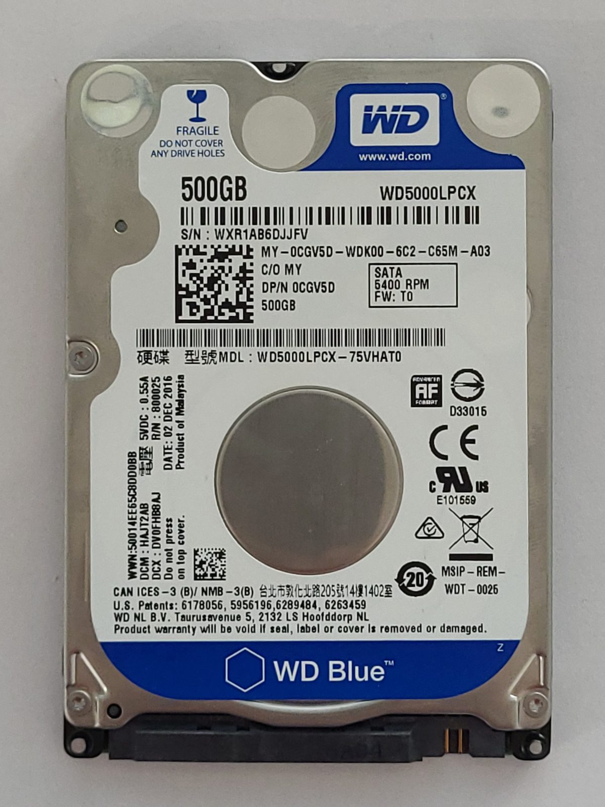 WD5000LPCX-75VHAT0, DCM: HAJT2AB, 02 DEC 2016 | WD 500Go 2,5" SATA HDD STK