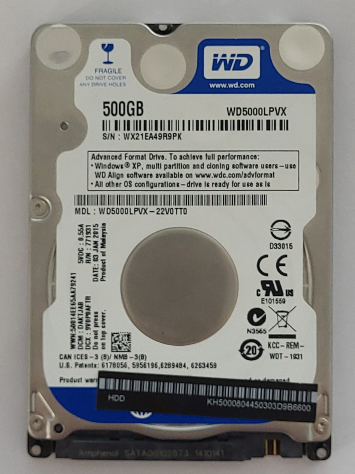 WD5000LPVX-22V0TT0, DCM: DAKTJAB, 03 JAN 2015 | WD 500Go 2,5" SATA HDD STK