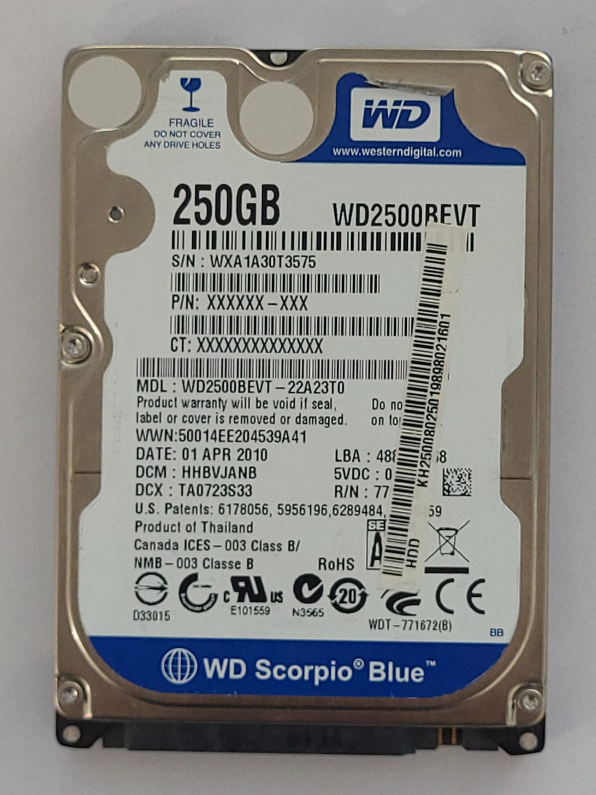 WD2500BEVT-22A23T0, DCM: HHBVJAN8, 01 APR 2010 | WD 250Go 2,5" SATA HDD STK