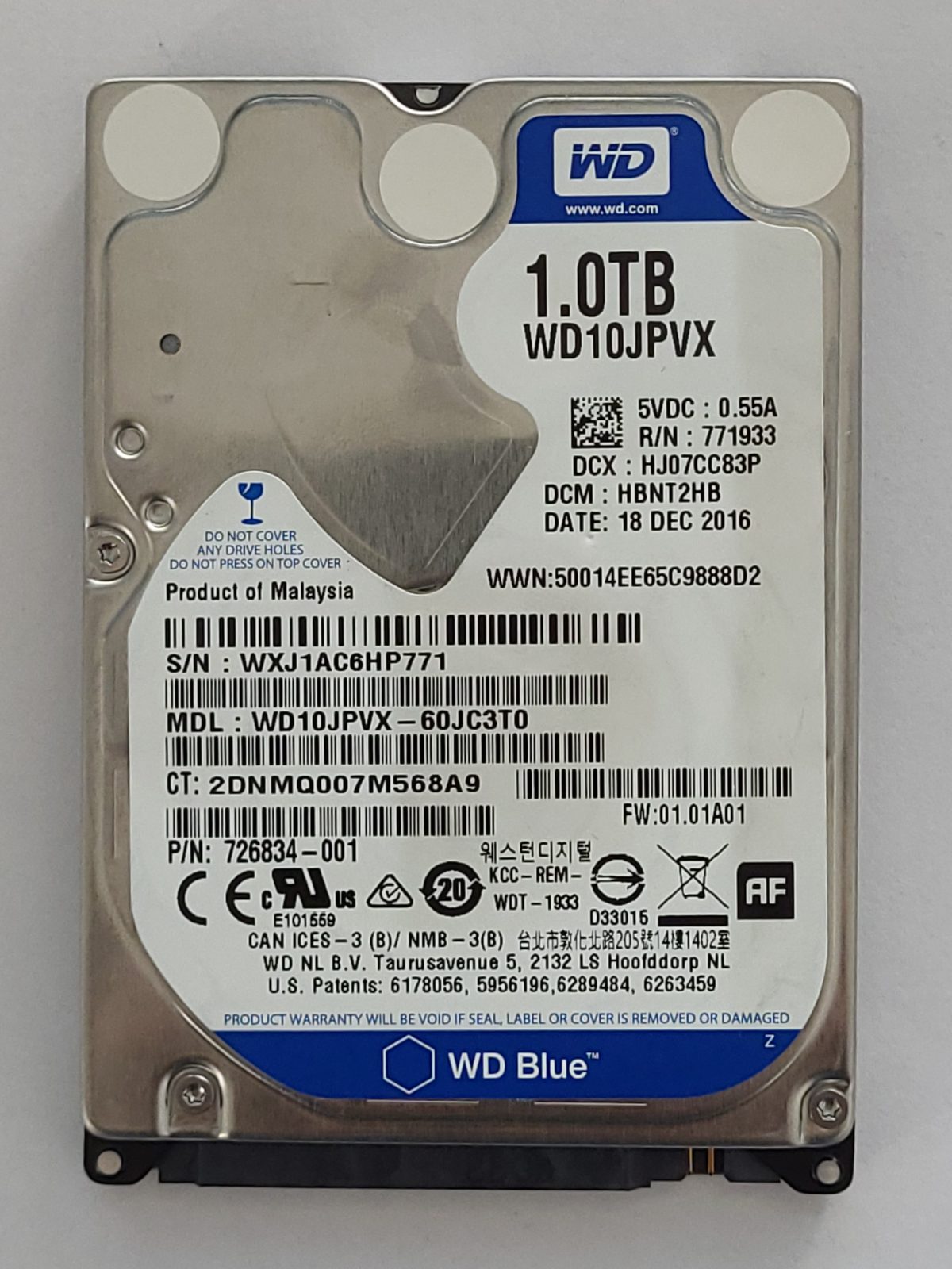 WD10JPVX-60JC3T0, DCM: HBNT2HB, 18 DEC 2016 | WD 1To 2,5" SATA HDD STK