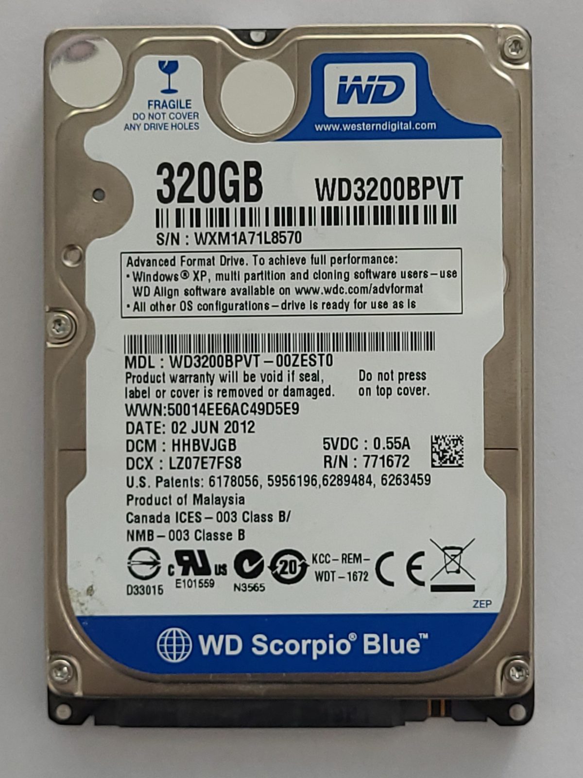 WD3200BPVT-00ZEST0, DCM: HHBVJGB, 02 JUN 2012 | WD 320Go 2,5" SATA HDD STK