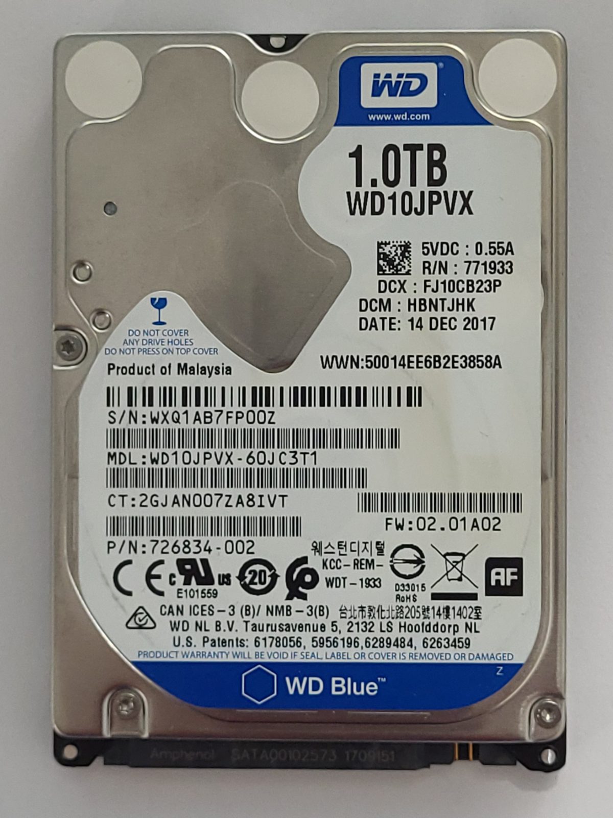 WD10JPVX-60JC3T1, DCM: HBNTJHK, 14 DEC 2017 | WD 1To 2,5" SATA HDD STK