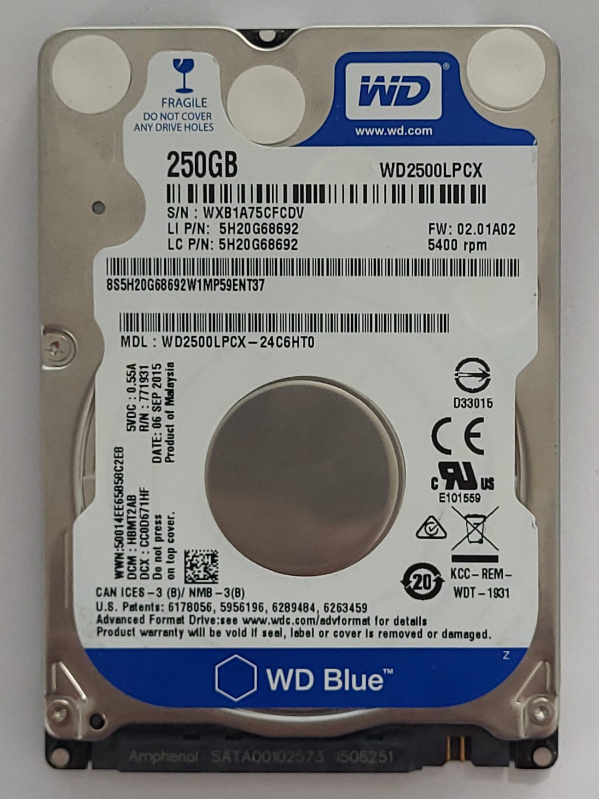WD2500LPCX-24C6HT0, DCM: HBMT2AB, 06 SEP 2015 | WD 250Go 2,5" SATA HDD STK