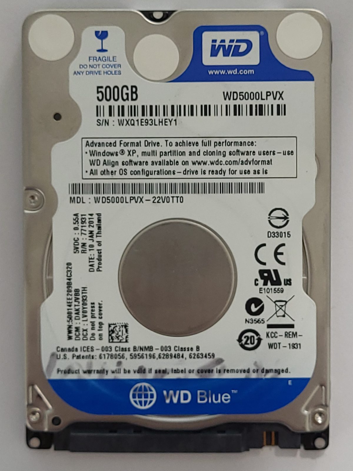 WD5000LPVX-22V0TT0, DCM: DAKTJVBB, 10 JAN 2014 | WD 500Go 2,5" SATA HDD STK