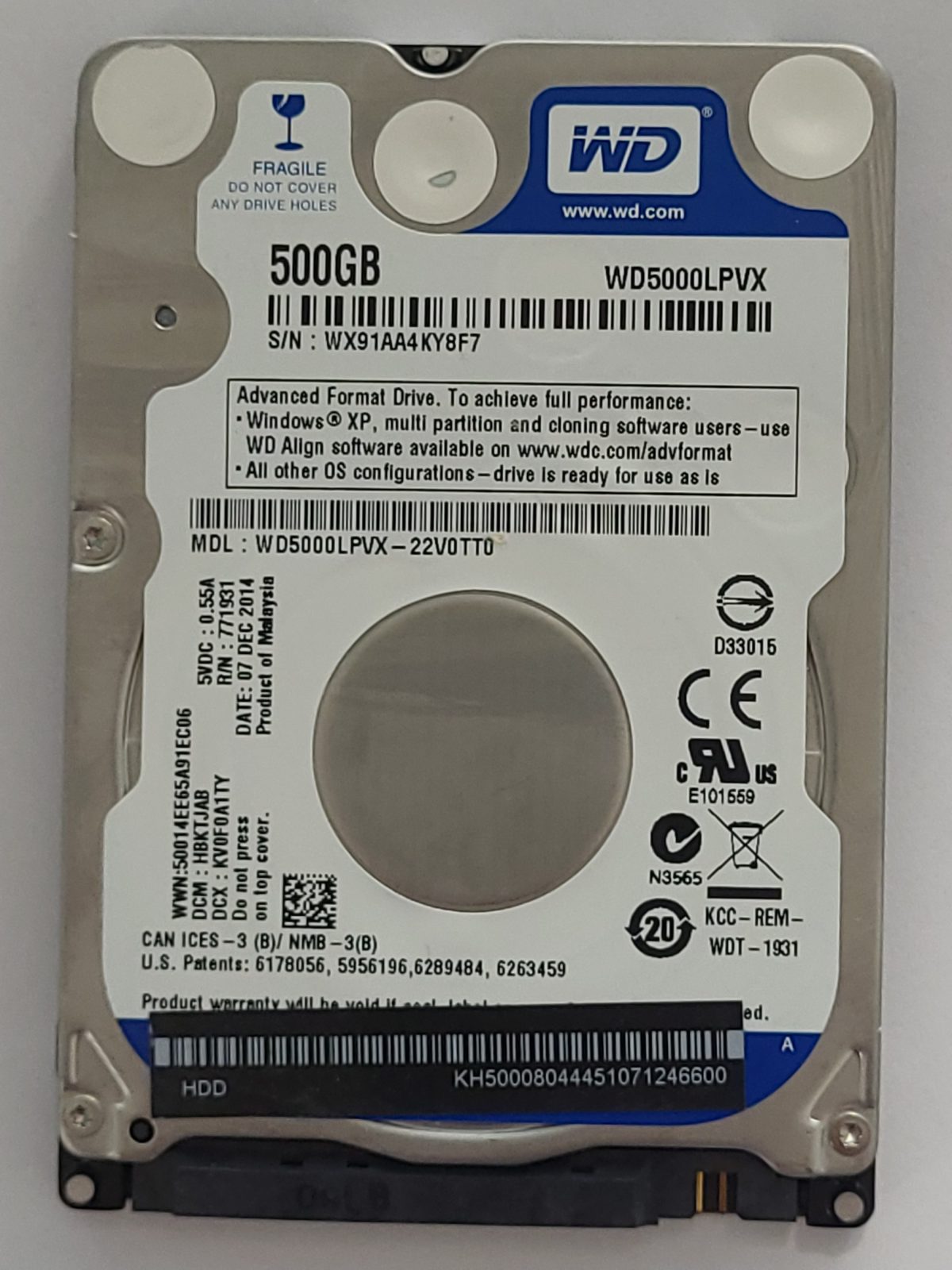 WD5000LPVX-22V0TT0, DCM: HBKTJAB, 07 DEC 2014 | WD 500Go 2,5" SATA HDD STK
