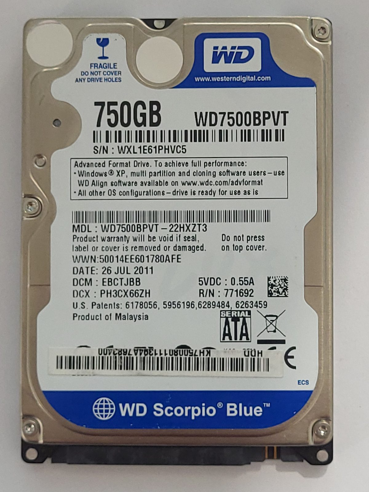 WD7500BPVT-22HXZT3, DCM: EBCTJBB, 26 JUL 2011 | WD 750Go 2,5" SATA HDD STK