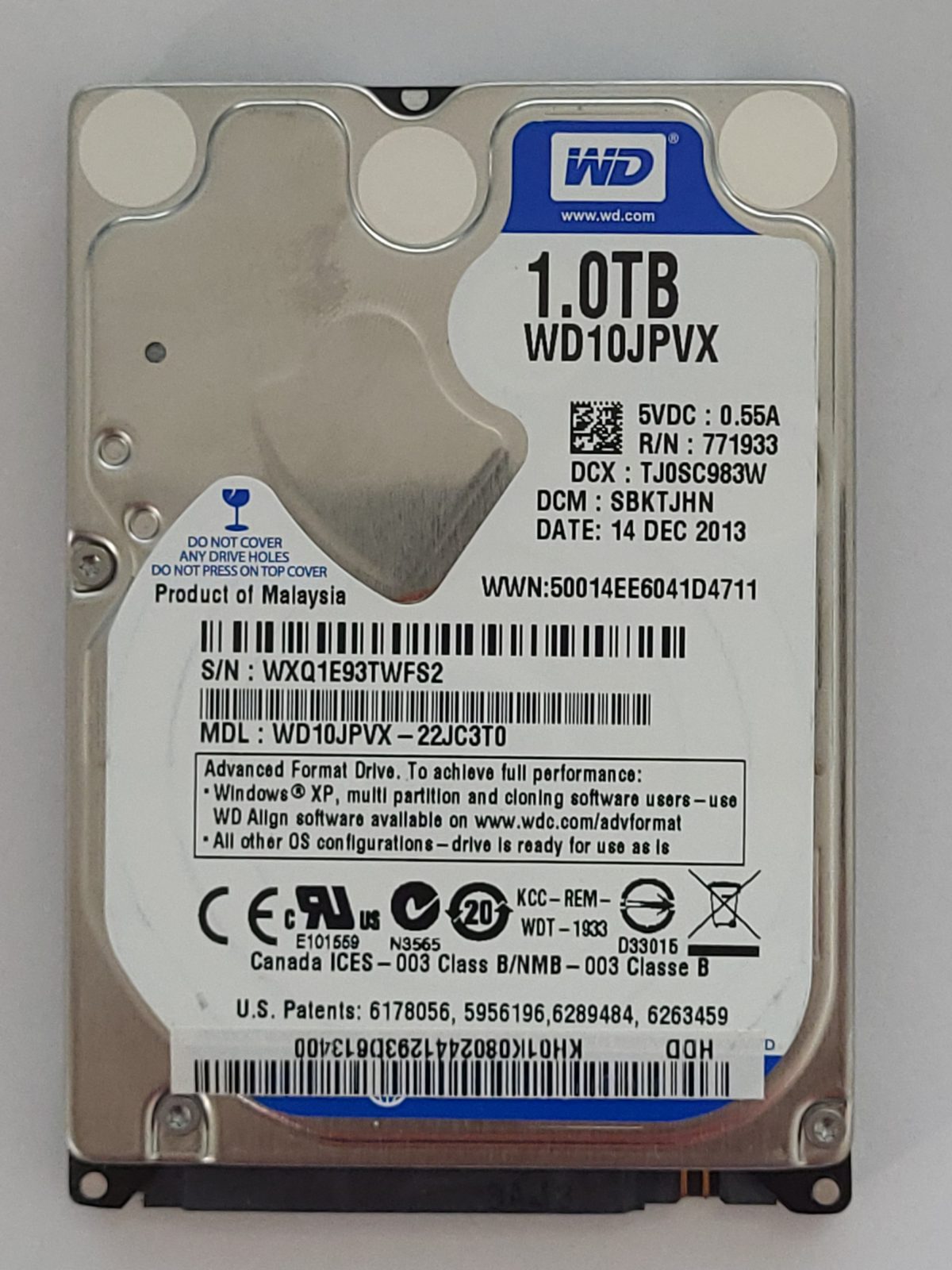WD10JPVX-22JC3T0, DCM: SBKTJHN, 14 DEC 2013 | WD 1To 2,5" SATA HDD STK