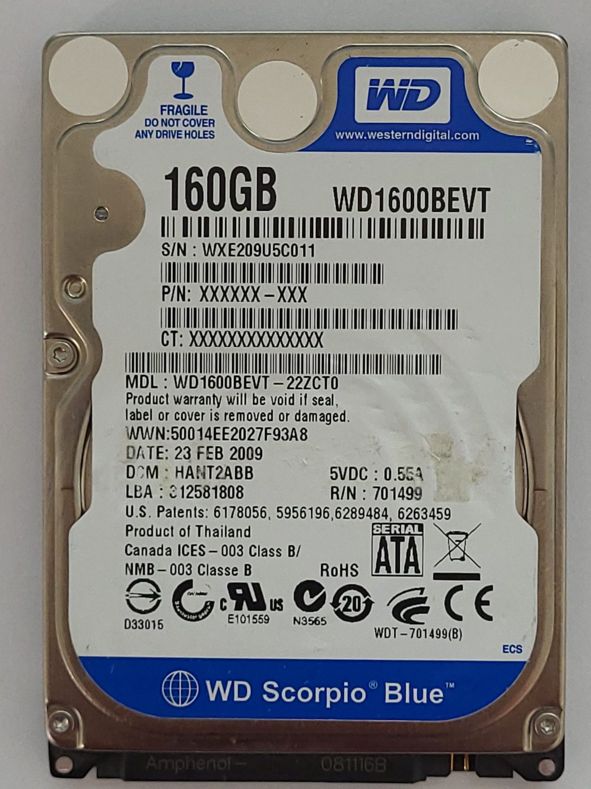 WD1600BEVT-22ZCT0, DCM: HANT2ABB, 22 FEB 2009 | WD 160Go 2,5" SATA HDD STK