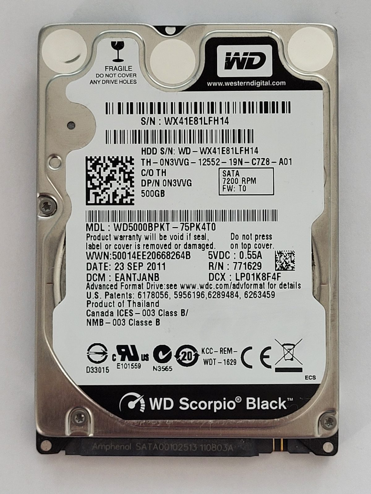 WD5000BPKT-75PK4T0, DCM: EANTJANB, 23 SEP 2011 | WD 500Go 2,5" SATA HDD STK