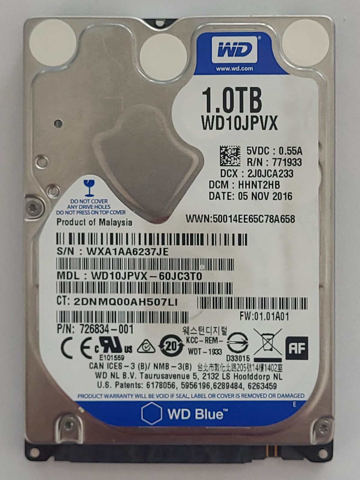 WD10JPVX-60JC3T0, DCM: HHNT2HB, 05 NOV 2016 | WD 1To 2,5" SATA HDD STK