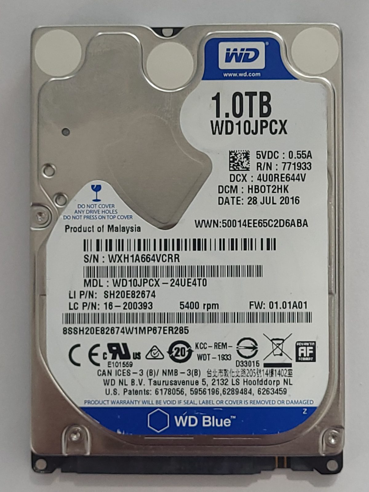WD10JPCX-24UE4T0, DCM: HBOT2HK, 28 JUL 2016 | WD 1To 2,5" SATA HDD STK