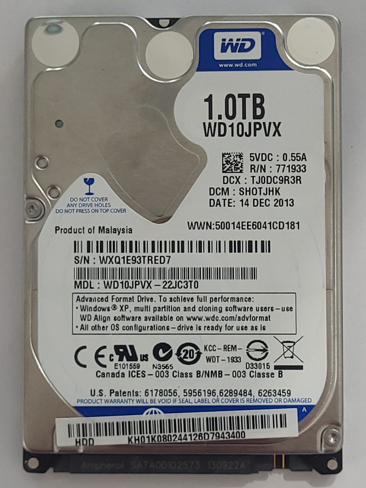 WD10JPVX-22JC3T0, DCM: SHOTJHK, 14 DEC 2013 | WD 1To 2,5" SATA HDD STK