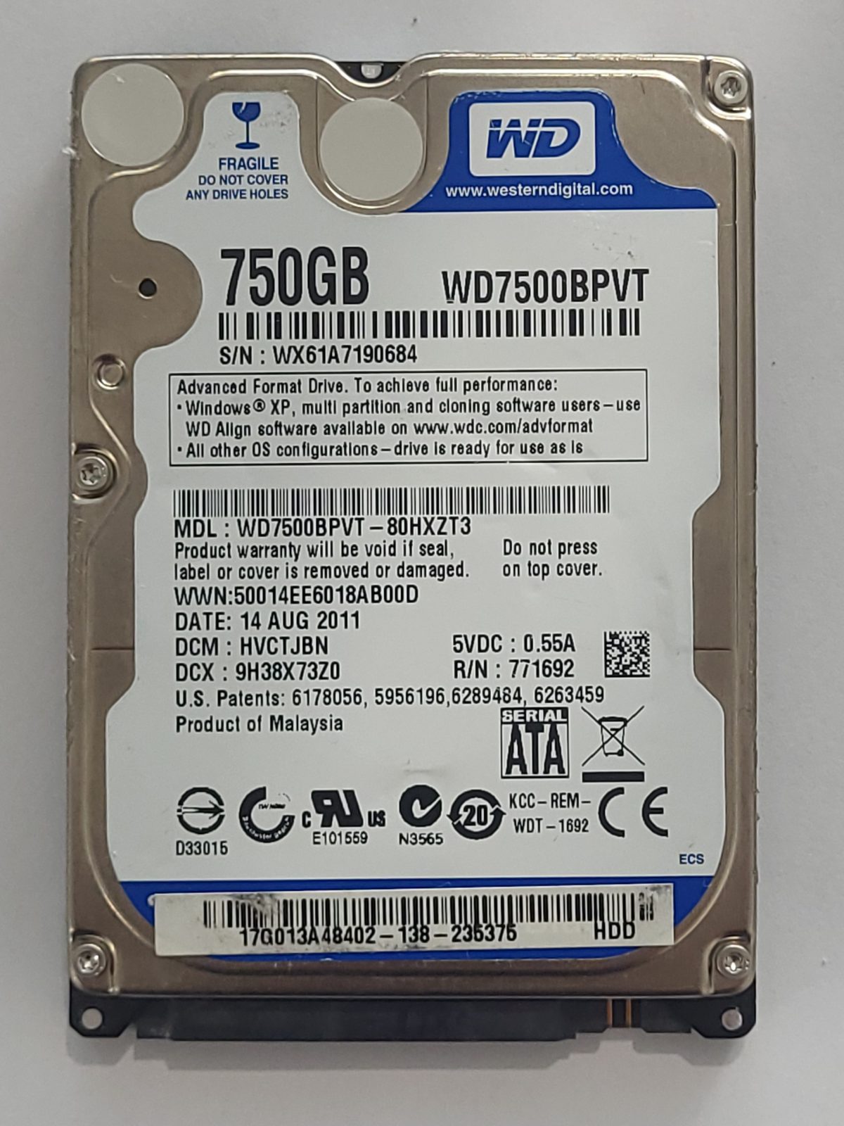 WD7500BPVT-80HXZT3, DCM: HVCTJBN, 14 AUG 2011 | WD 750Go 2,5" SATA HDD STK