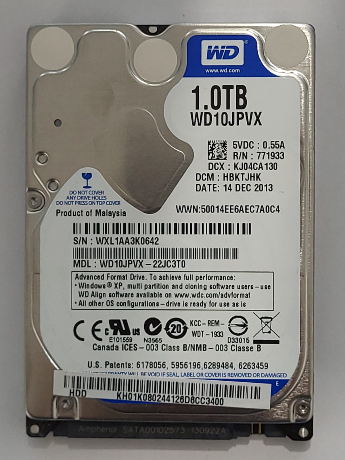 WD10JPVX-22JC3T0, DCM: HBKTJHK, 14 DEC 2013 | WD 1To 2,5" SATA HDD STK