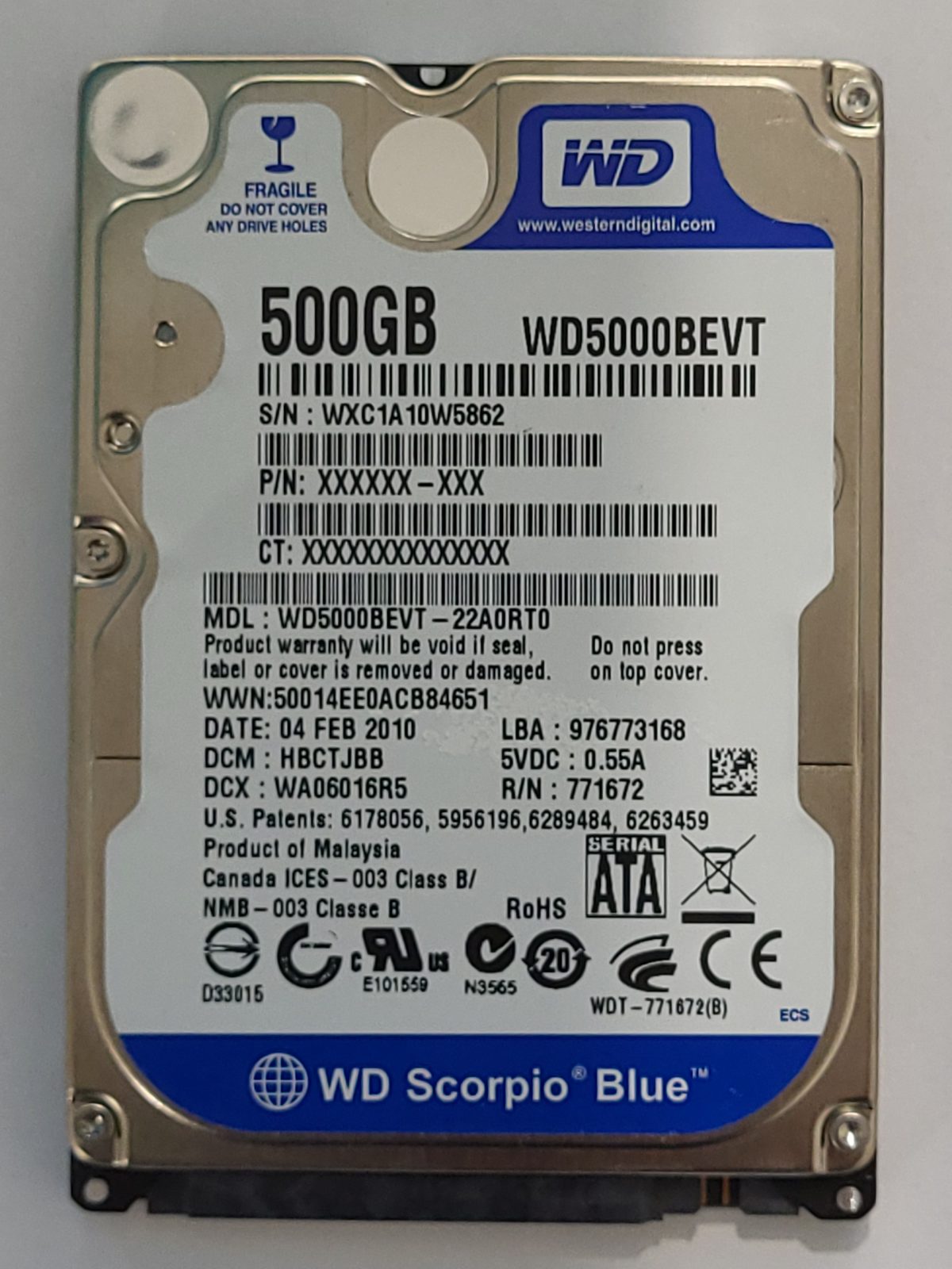 WD5000BEVT-22A0RT0, DCM: HBCTJBB, 04 FEB 2010 | WD 500Go 2,5" SATA HDD STK