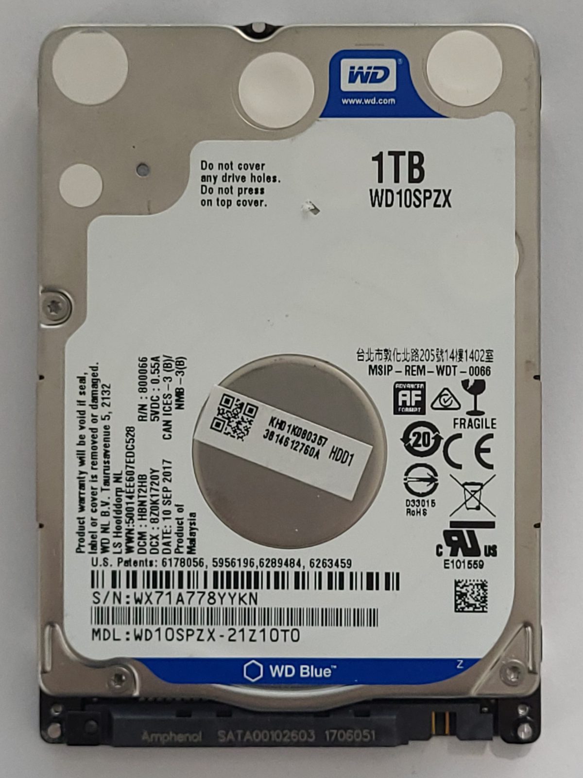 WD10SPZX-21Z10T0, DCM: HBNT2HB, 10 SEP 2017 | WD 1To 2,5" SATA HDD STK