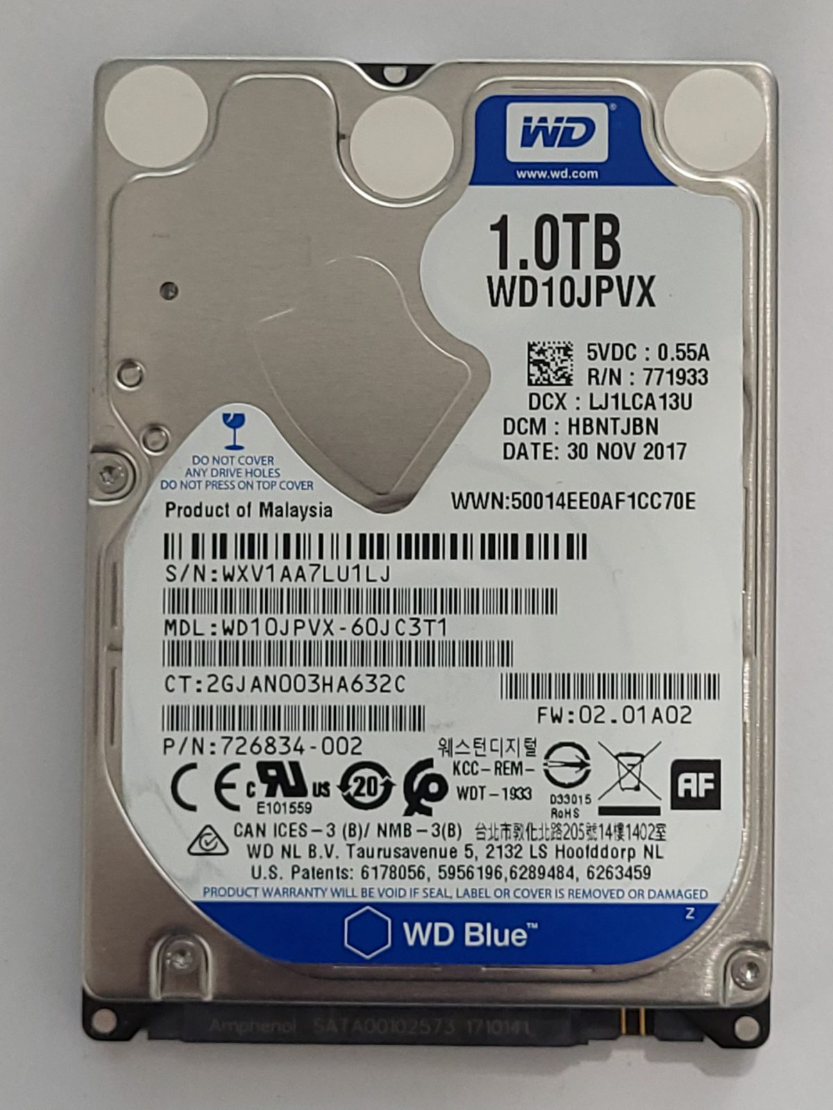 WD10JPVX-60JC3T1, DCM: HBNTJBN, 30 NOV 2017 | WD 1To 2,5" SATA HDD STK