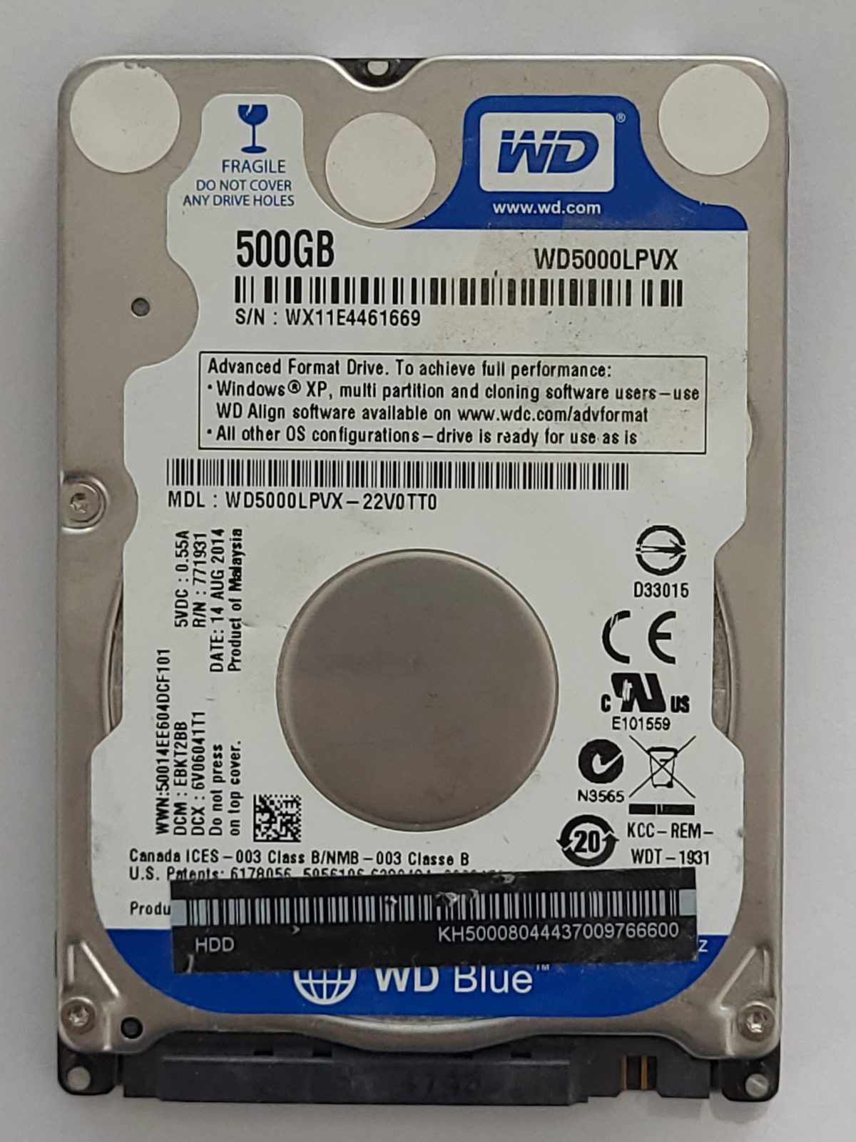 WD5000LPVX-22V0TT0, DCM: EBKT2BB, 14 AUG 2014 | WD 500Go 2,5" SATA HDD STK