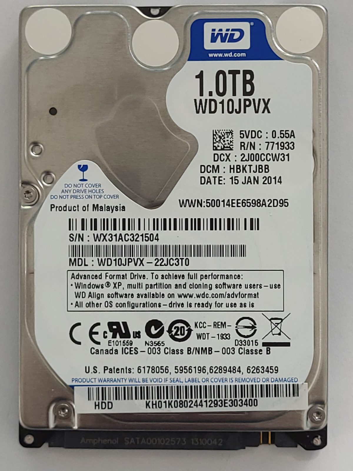 WD10JPVX-22JC3T0, DCM: HBKTJBB, 15 JAN 2014 | WD 1To 2,5" SATA HDD STK